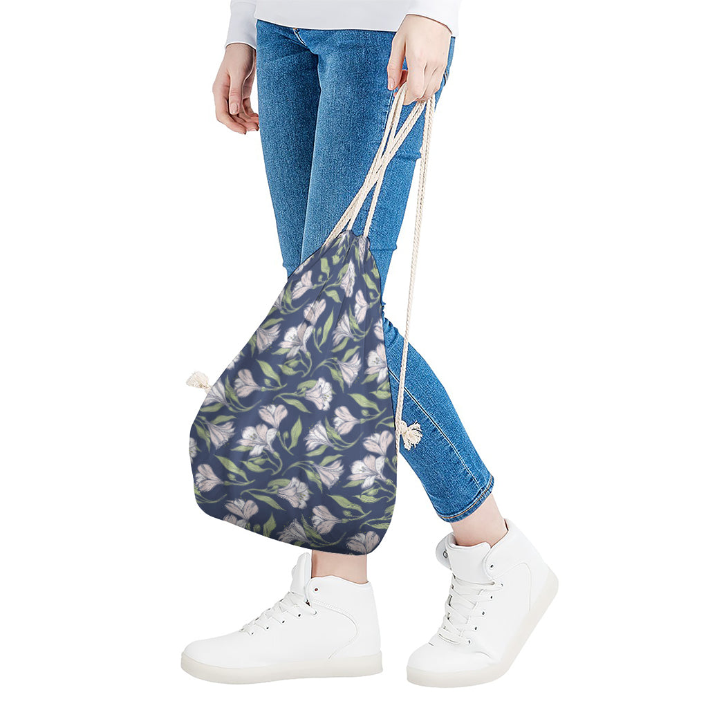 White Alstroemeria Pattern Print Drawstring Bag