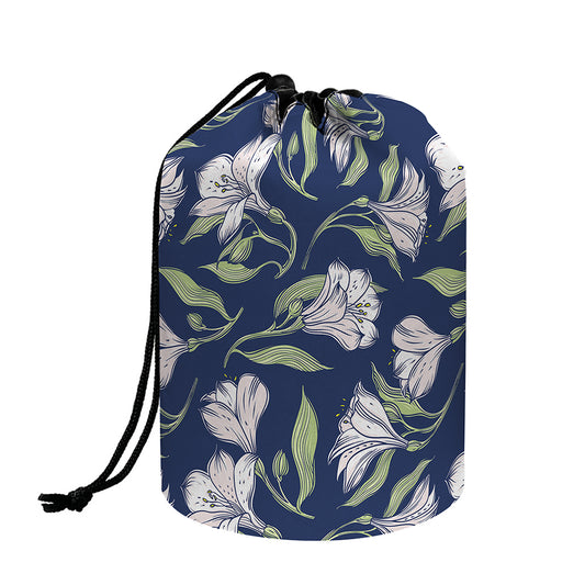 White Alstroemeria Pattern Print Drawstring Makeup Bag