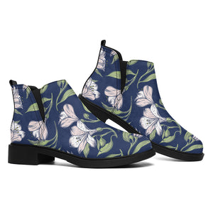 White Alstroemeria Pattern Print Flat Ankle Boots