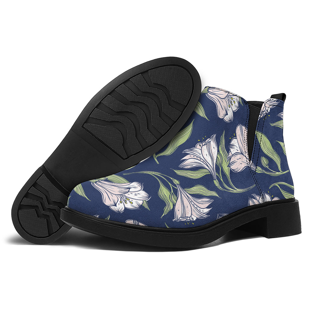 White Alstroemeria Pattern Print Flat Ankle Boots