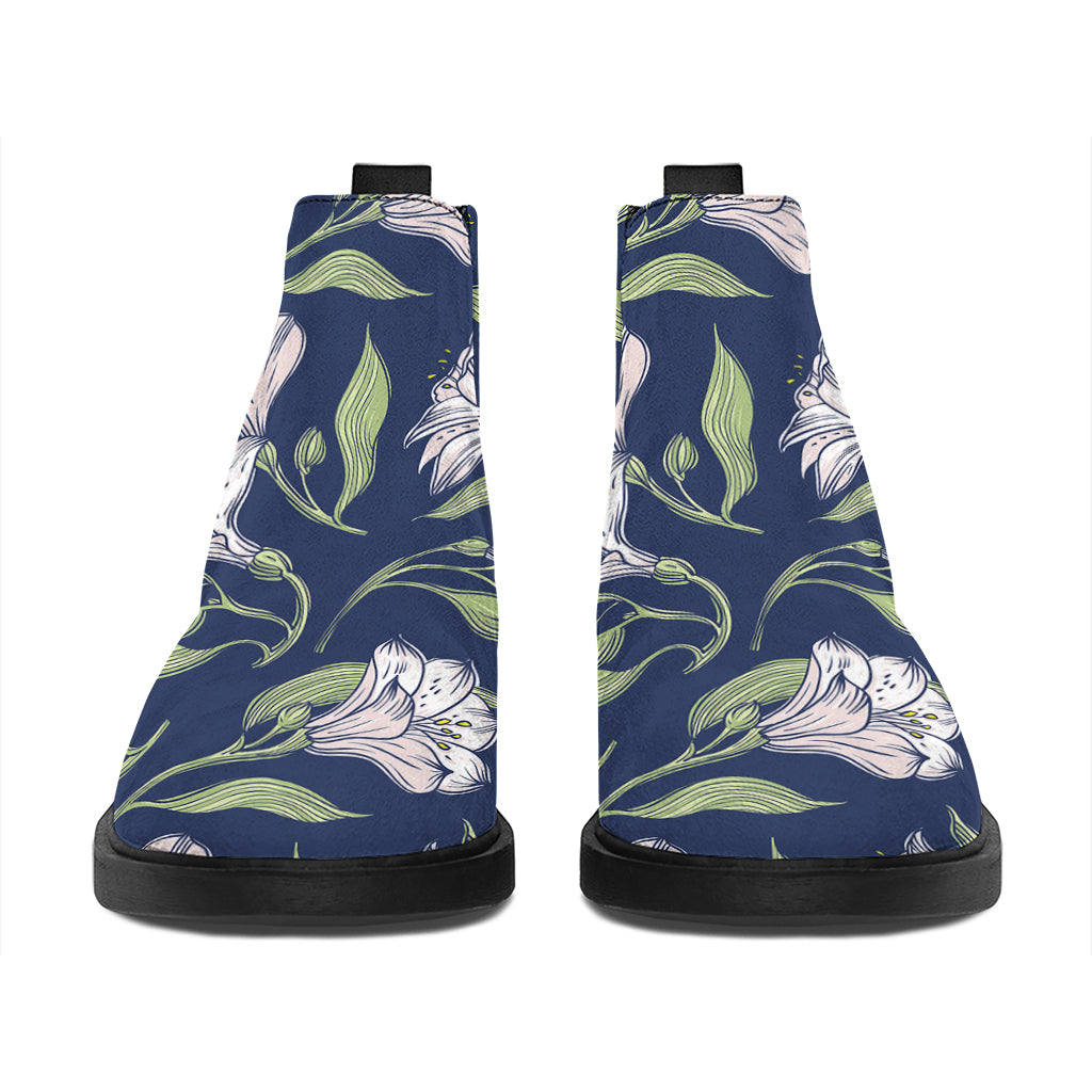 White Alstroemeria Pattern Print Flat Ankle Boots