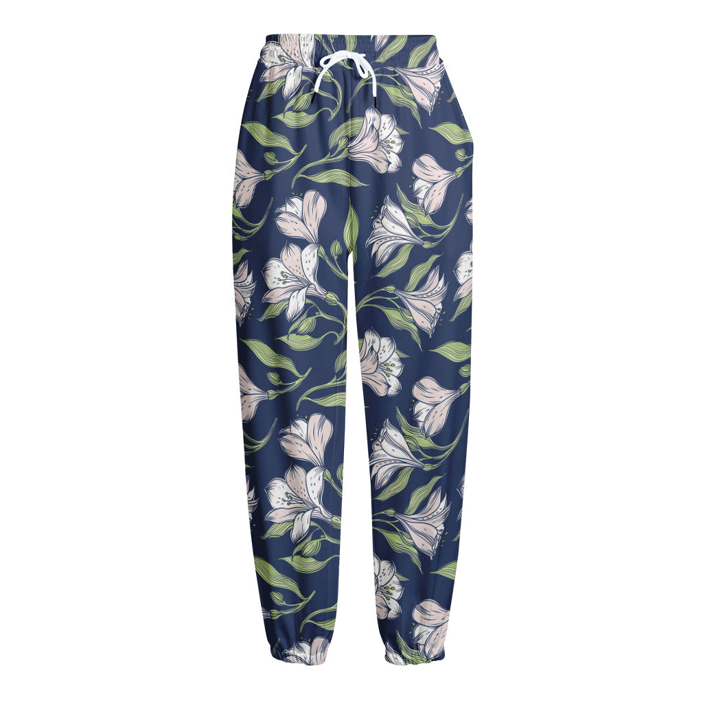 White Alstroemeria Pattern Print Fleece Lined Knit Pants