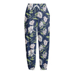 White Alstroemeria Pattern Print Fleece Lined Knit Pants