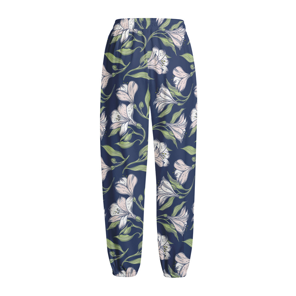 White Alstroemeria Pattern Print Fleece Lined Knit Pants