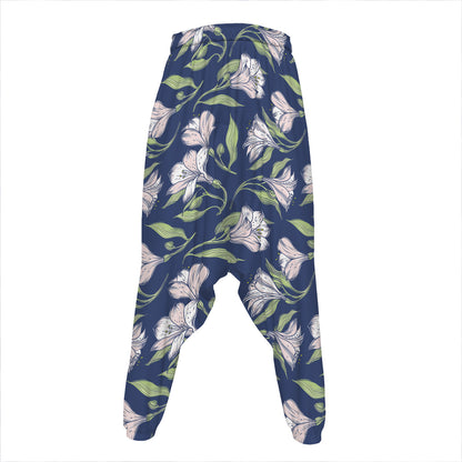 White Alstroemeria Pattern Print Hammer Pants