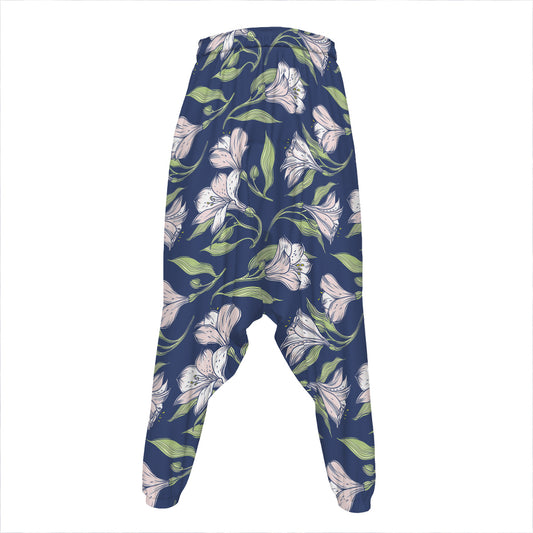 White Alstroemeria Pattern Print Hammer Pants