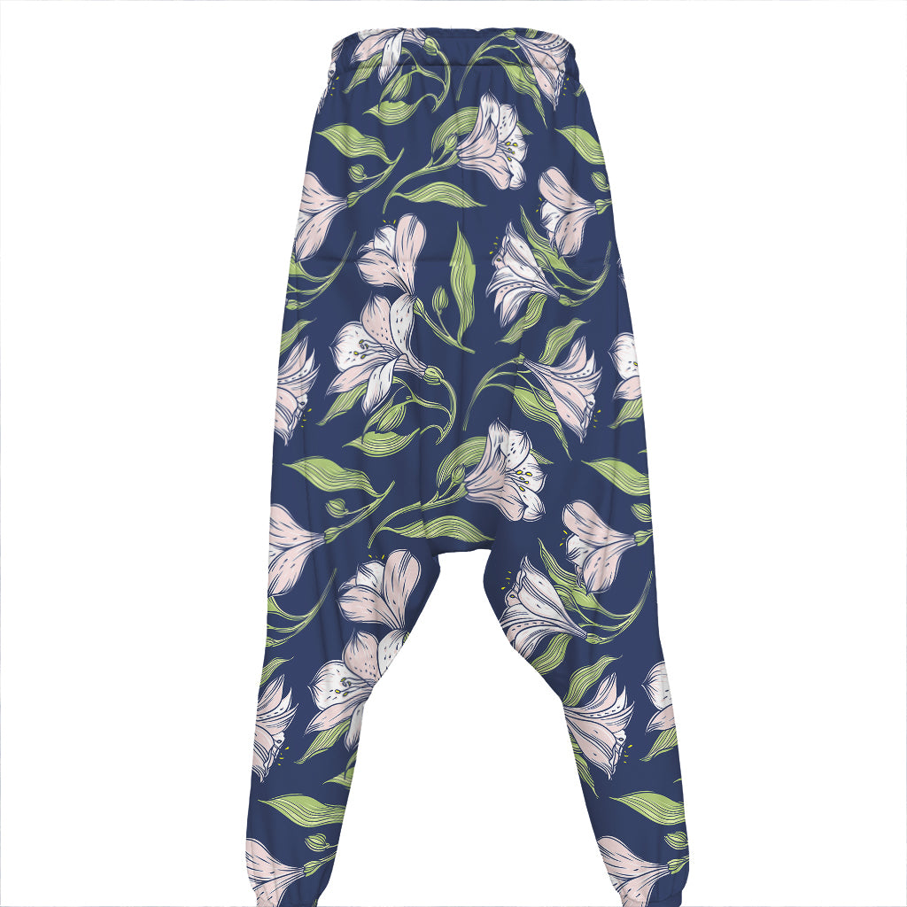 White Alstroemeria Pattern Print Hammer Pants