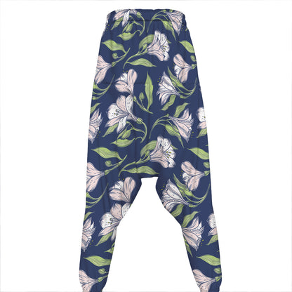 White Alstroemeria Pattern Print Hammer Pants