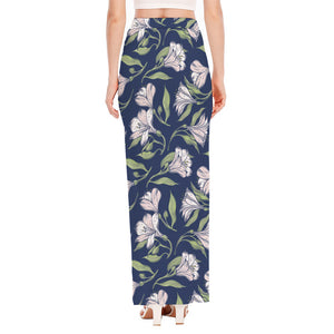 White Alstroemeria Pattern Print High Slit Maxi Skirt