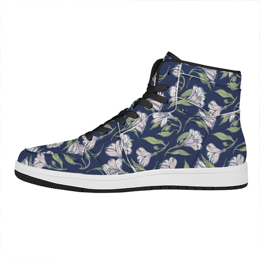 White Alstroemeria Pattern Print High Top Leather Sneakers