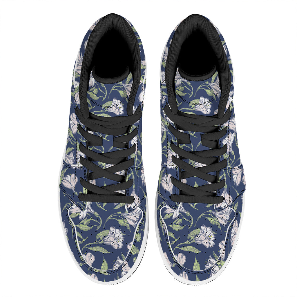 White Alstroemeria Pattern Print High Top Leather Sneakers
