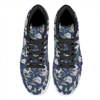White Alstroemeria Pattern Print High Top Leather Sneakers