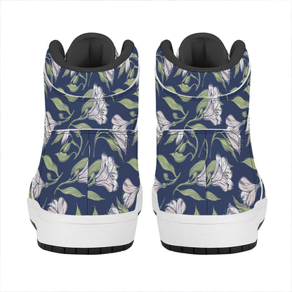 White Alstroemeria Pattern Print High Top Leather Sneakers