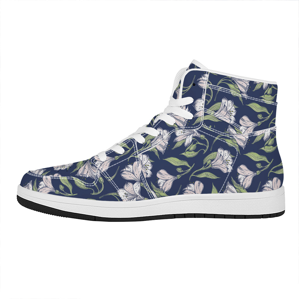 White Alstroemeria Pattern Print High Top Leather Sneakers