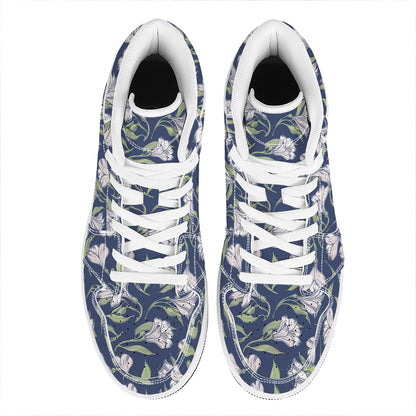 White Alstroemeria Pattern Print High Top Leather Sneakers