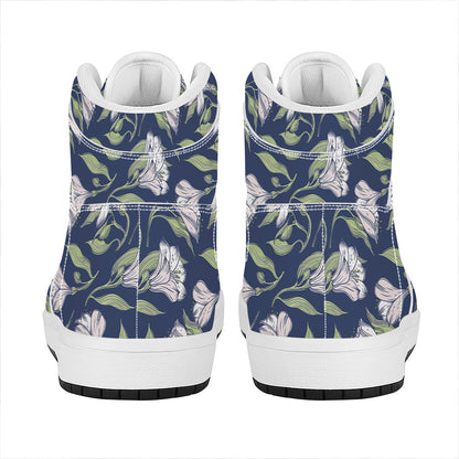White Alstroemeria Pattern Print High Top Leather Sneakers