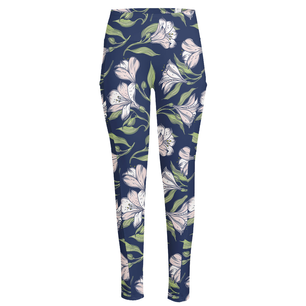 White Alstroemeria Pattern Print High-Waisted Pocket Leggings