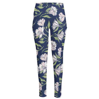 White Alstroemeria Pattern Print High-Waisted Pocket Leggings