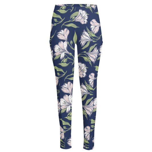 White Alstroemeria Pattern Print High-Waisted Pocket Leggings