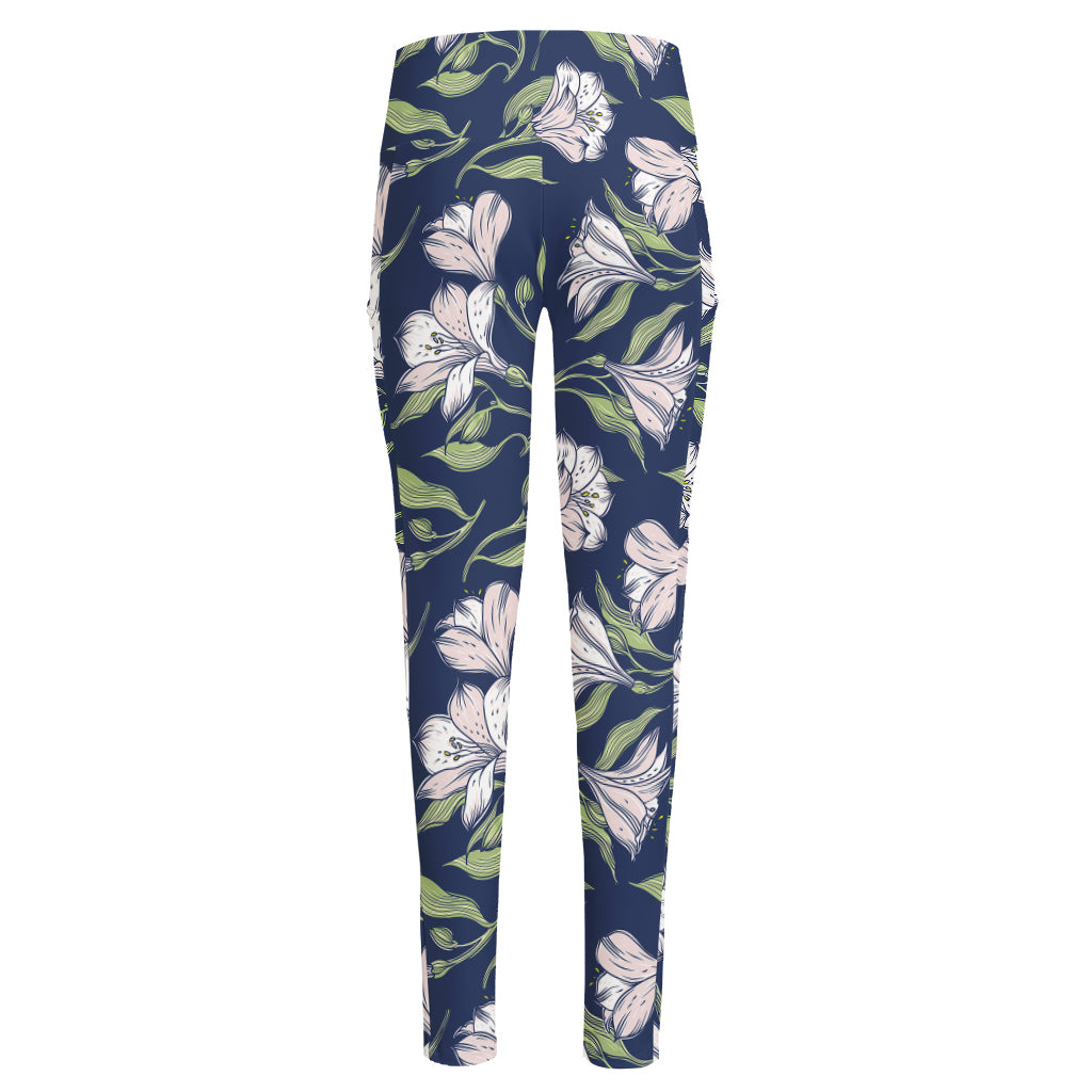 White Alstroemeria Pattern Print High-Waisted Pocket Leggings