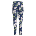 White Alstroemeria Pattern Print High-Waisted Pocket Leggings