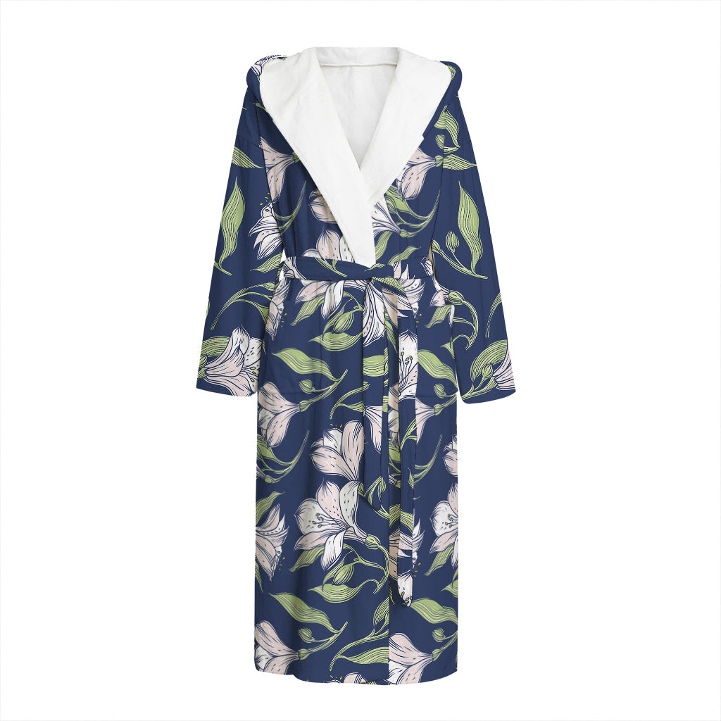 White Alstroemeria Pattern Print Hooded Bathrobe