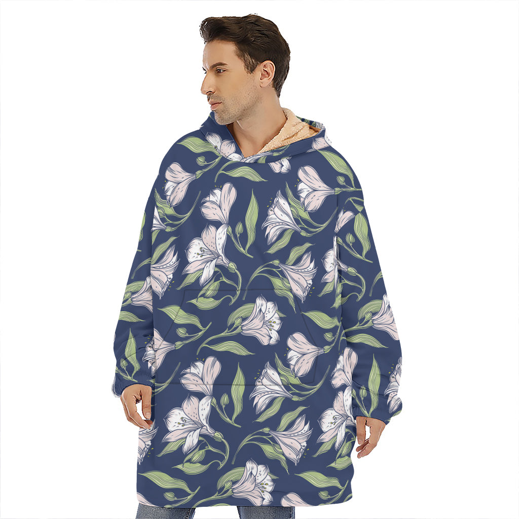 White Alstroemeria Pattern Print Hoodie Blanket