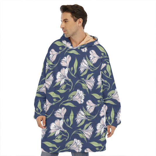 White Alstroemeria Pattern Print Hoodie Blanket