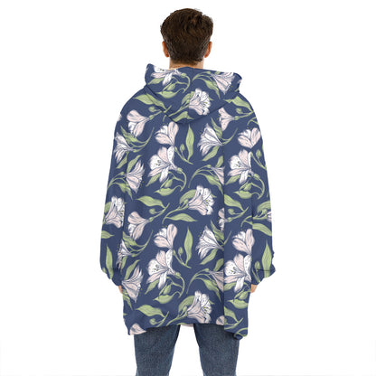White Alstroemeria Pattern Print Hoodie Blanket