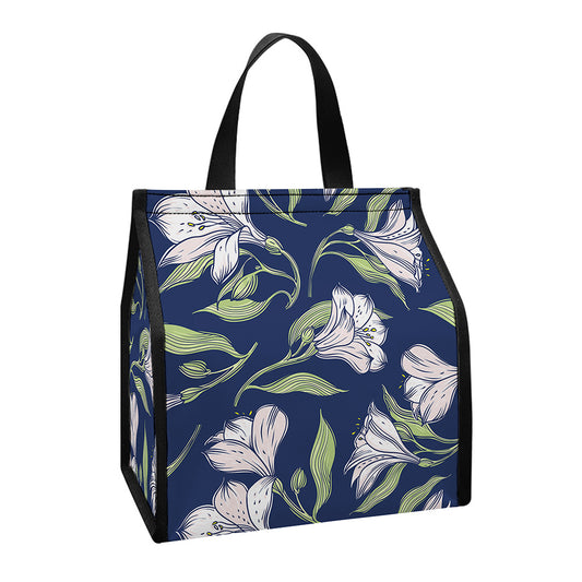 White Alstroemeria Pattern Print Insulated Lunch Tote