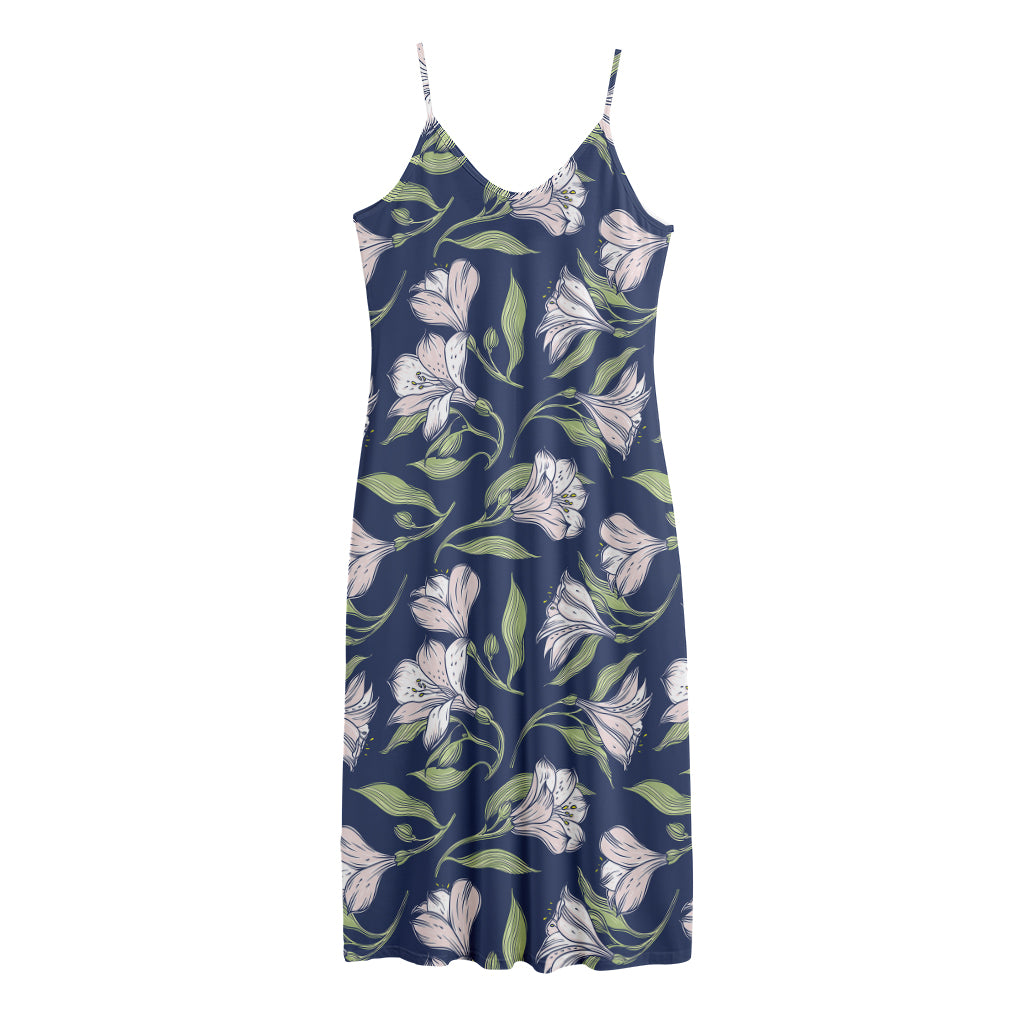 White Alstroemeria Pattern Print Jersey Midi Cami Dress