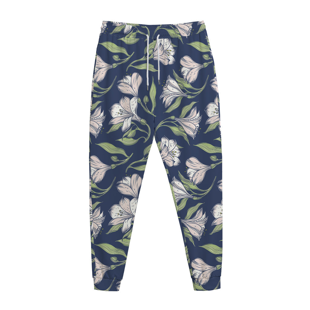 White Alstroemeria Pattern Print Jogger Pants
