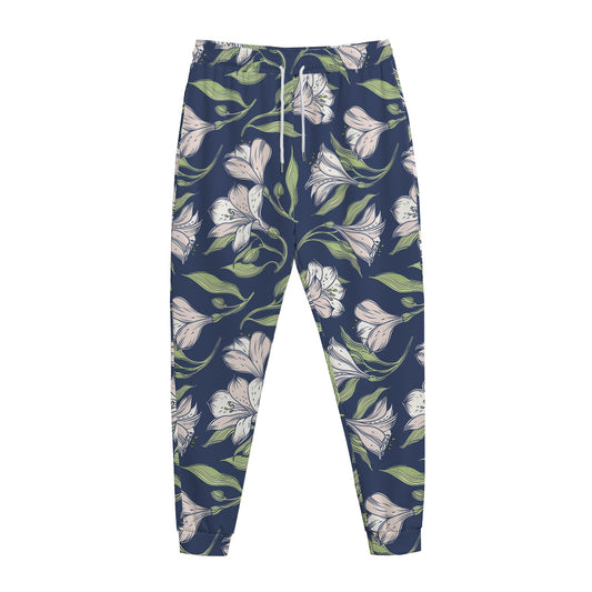 White Alstroemeria Pattern Print Jogger Pants