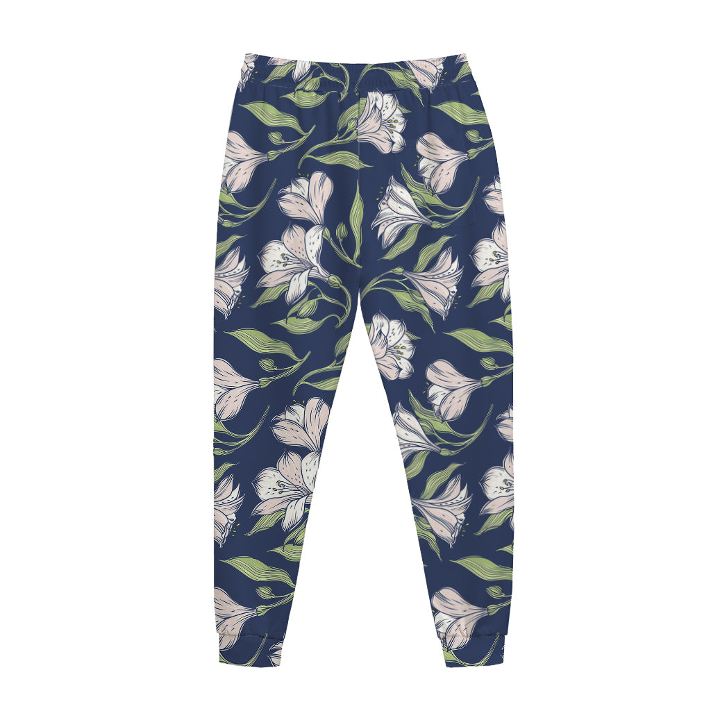 White Alstroemeria Pattern Print Jogger Pants
