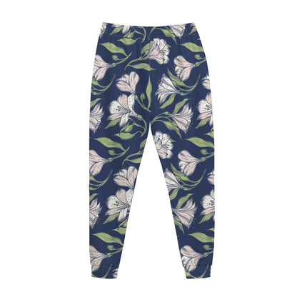 White Alstroemeria Pattern Print Jogger Pants