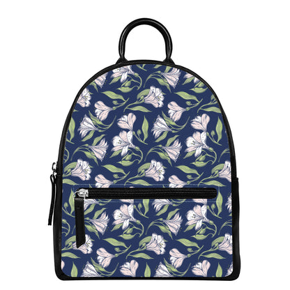 White Alstroemeria Pattern Print Leather Backpack