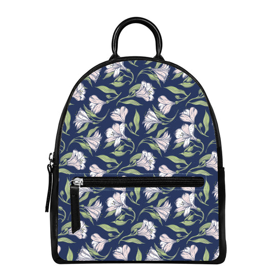 White Alstroemeria Pattern Print Leather Backpack