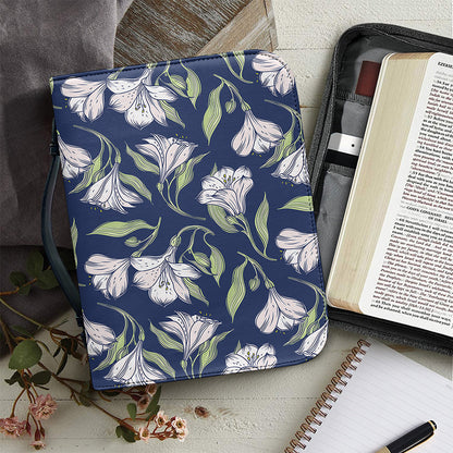White Alstroemeria Pattern Print Leather Bible Cover