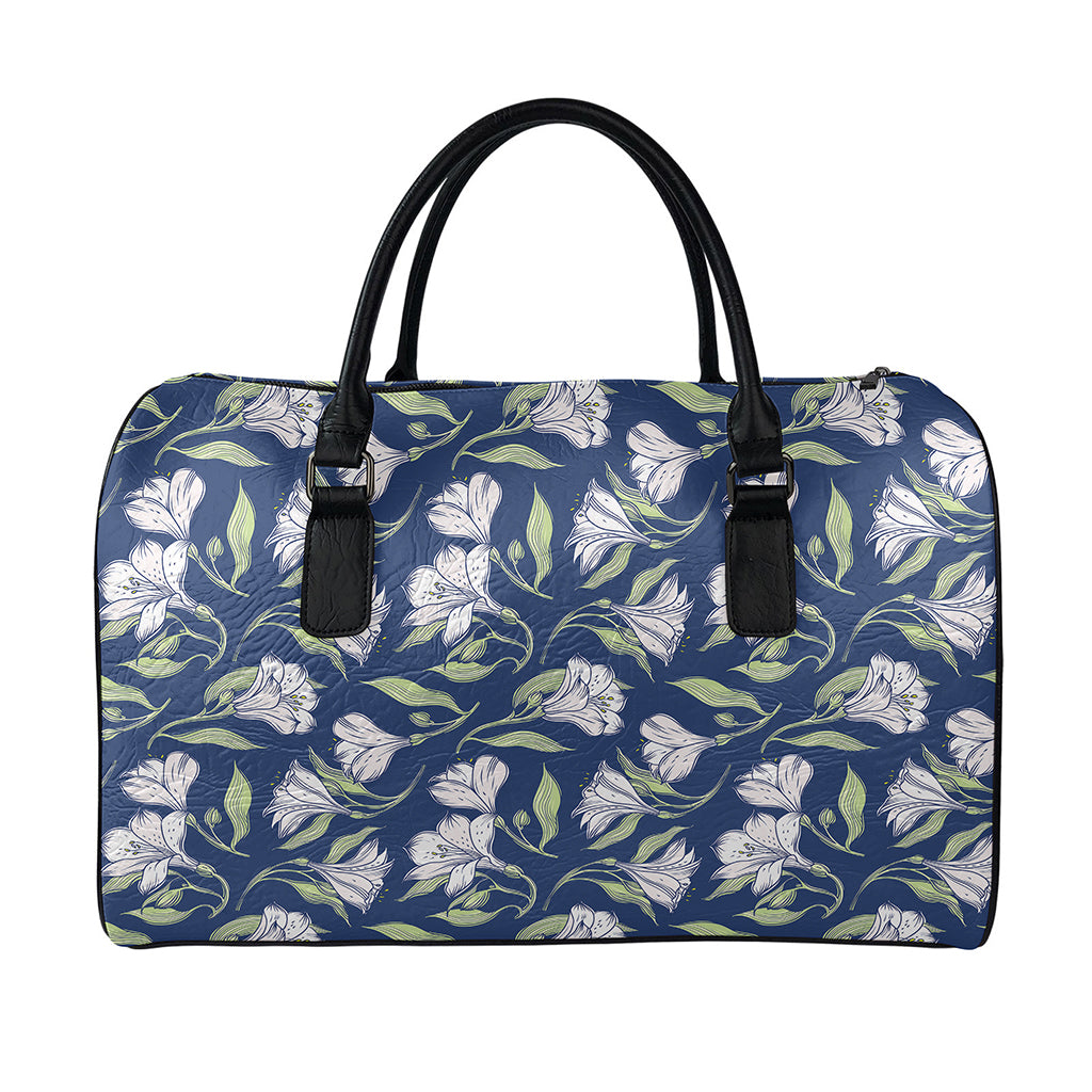 White Alstroemeria Pattern Print Leather Duffle Bag