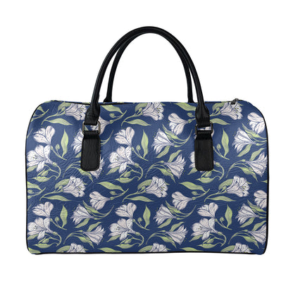 White Alstroemeria Pattern Print Leather Duffle Bag
