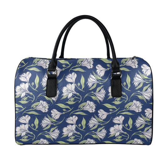 White Alstroemeria Pattern Print Leather Duffle Bag