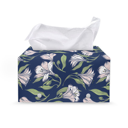 White Alstroemeria Pattern Print Leather Tissue Box Cover