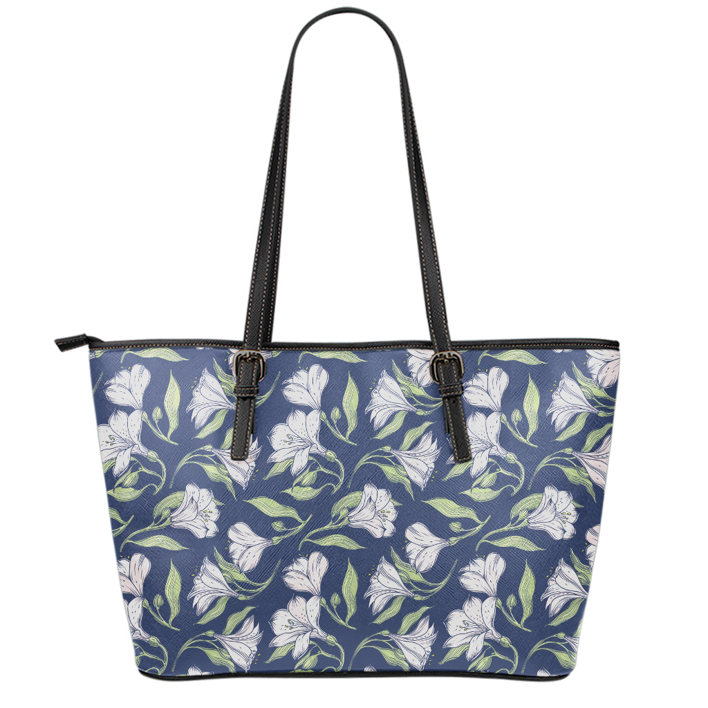 White Alstroemeria Pattern Print Leather Tote Bag