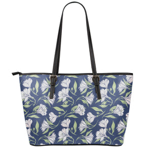 White Alstroemeria Pattern Print Leather Tote Bag