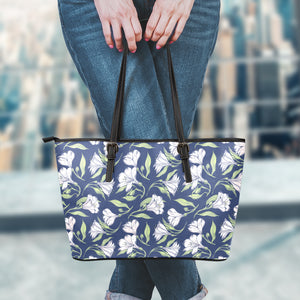 White Alstroemeria Pattern Print Leather Tote Bag