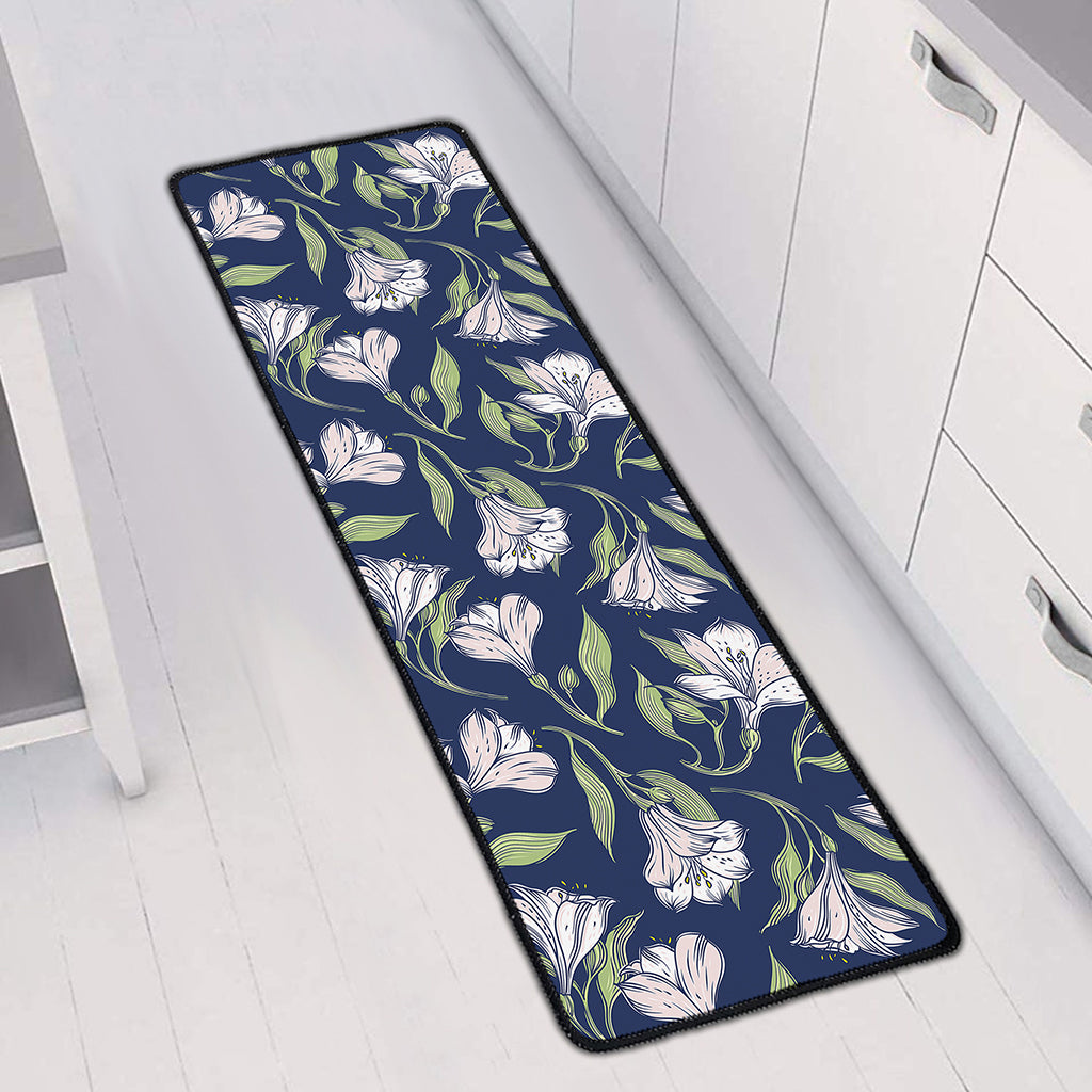 White Alstroemeria Pattern Print Long Kitchen Mat