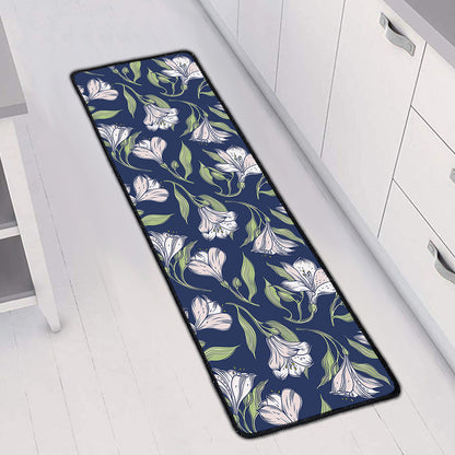 White Alstroemeria Pattern Print Long Kitchen Mat