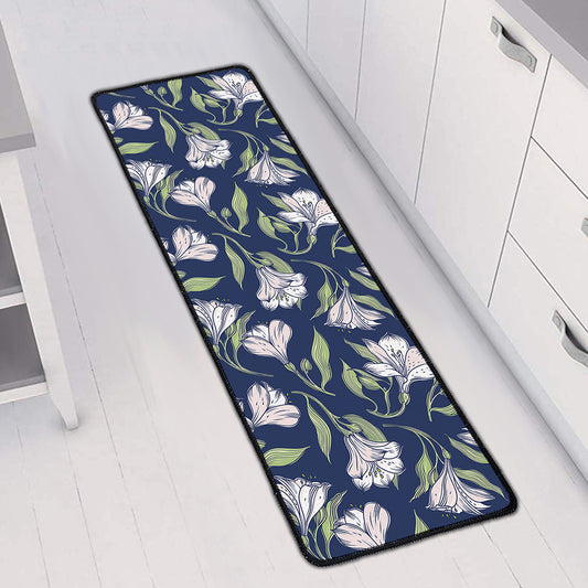 White Alstroemeria Pattern Print Long Kitchen Mat