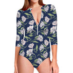 White Alstroemeria Pattern Print Long Sleeve Swimsuit