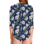 White Alstroemeria Pattern Print Long Sleeve Swimsuit